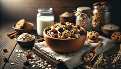 A close-up of a rustic wooden bowl filled with oatmeal raisin cookie granola, featuring toasted oats, plump raisins, cinnamon, and clusters of granola