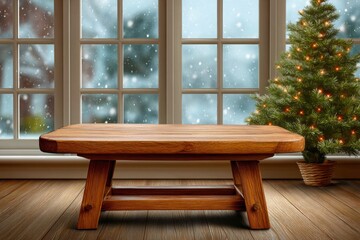 Cozy christmas scene with wooden table and snowing window view