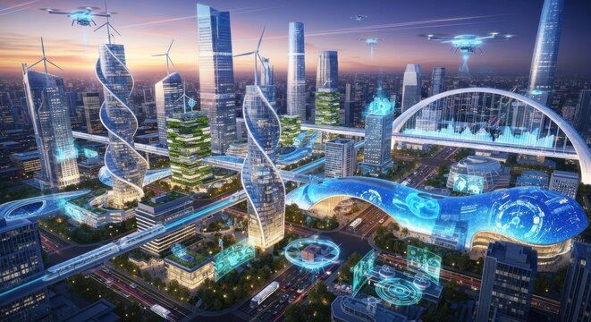 A futuristic cityscape with tall buildings, flying drones, and a futuristic skyline at sunset.