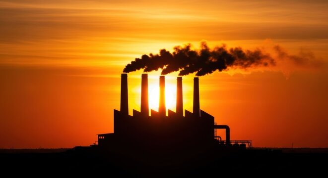 A silhouette of a large building with multiple chimneys emitting smoke against a vibrant orange and yellow sunset sky. - Powered by Adobe