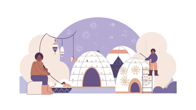 Charming illustration of a whimsical ice fishing village inhabited by adorable miniature snow creatures perfect for winter themed designs and children s stories