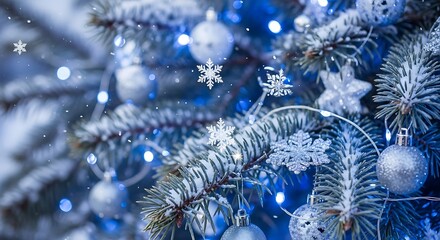 Festive Christmas Tree Decorated with Silver Ornaments, Snowflakes, and Twinkling Blue Lights for Holiday Celebrations