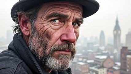 Elderly man with weathered face and gray beard in hat overlooking cityscape on foggy day.