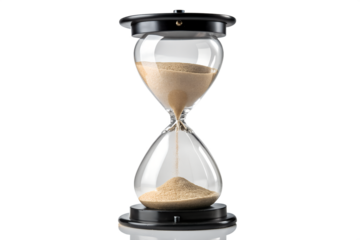Professional product photography of a classic hourglass with sand flowing through, symbolizing time passing