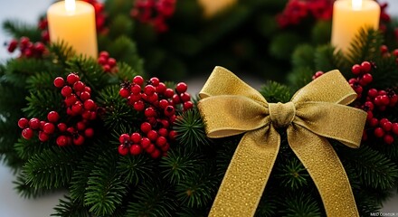 Festive Christmas Wreath Decorated with Red Berries, Pine Cones, and Elegant Gold Ribbon for Holiday Celebrations