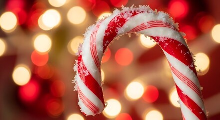 Festive Christmas Candy Cane with Snow Dusting and Bokeh Lights Background for Holiday Celebrations
