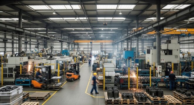 A bustling factory floor with machinery and workers in motion, illuminated by natural light from large windows.