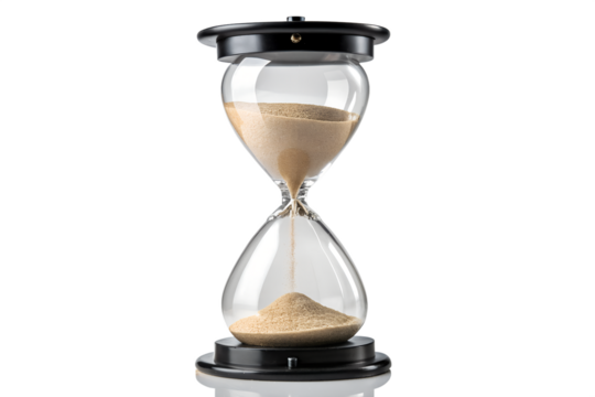 Professional product photography of a classic hourglass with sand flowing through, symbolizing time passing