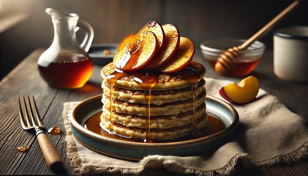 A close-up of a stack of oatmeal pancakes, golden brown with a slightly rustic texture, topped with maple-glazed roasted apple slices