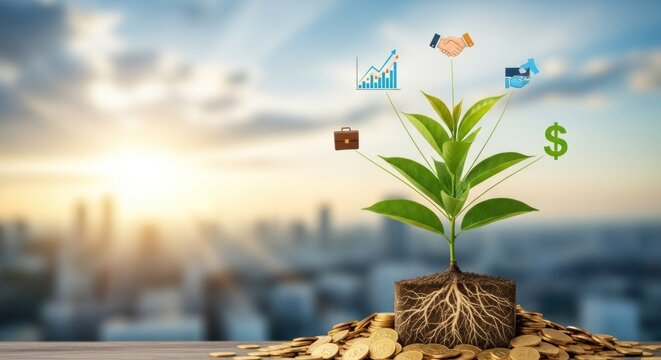 A green plant with a root system growing from a pile of coins on a wooden surface, with a cityscape in the background.