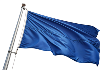 A blue flag waving in the wind against a clear sky, symbolizing various concepts and ideals