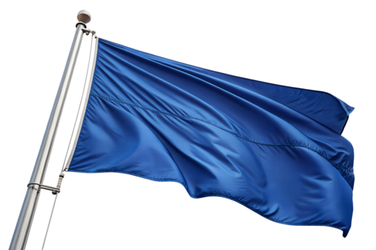 A blue flag waving in the wind against a clear sky, symbolizing various concepts and ideals