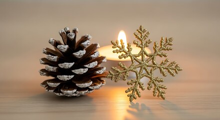 Festive Holiday Decor with Candle, Pinecone, and Glitter Snowflake Ornament for Christmas and Winter Celebrations