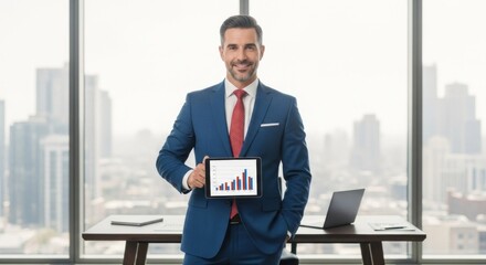 A smiling businessman in a blue suit holding a tablet with a graph on it, standing in front of a large window with a cityscape in the background.