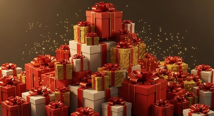 Festive Holiday Gift Tower Featuring Abundant Red and Gold Wrapped Presents with Ribbons and Bows for Celebrations and Special Occasions