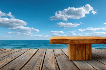 Rustic wooden table and pier overlooking a calm blue ocean under a cloudy sky