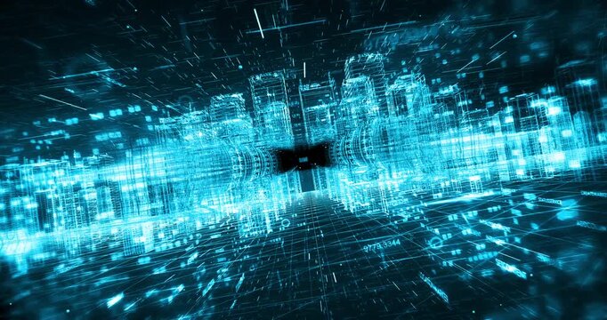 Abstract technological skyline with moving neon elements. Abstract 3D background animation.
