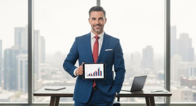 A smiling businessman in a blue suit holding a tablet with a graph on it, standing in front of a large window with a cityscape in the background.