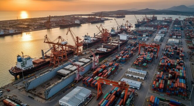 A bustling port with cranes and cargo containers, with a sunset in the background.
