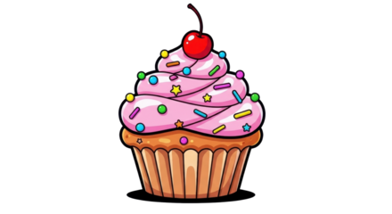 Colorful cupcake with sprinkles and cherry on top isolated PNG with Transparent Background