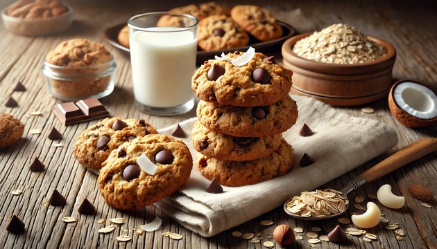 A close-up of freshly baked tropical oatmeal chocolate chip cookies, golden brown with a slightly chewy texture, piled on a rustic wooden table