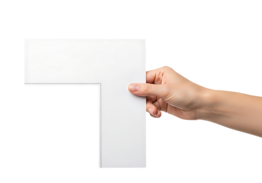 Hand holding a white L-shaped sign with copy space isolated on a transparent background image