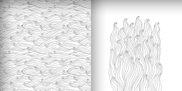 Hand drawn patterns with waves. Wavy curly hair seamless pattern, animal fur, black and white abstract background, texture.