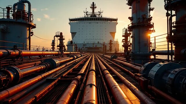 Early morning light reflects off industrial piping assembly with depth