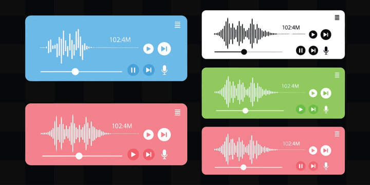 Dynamic audio waveform interfaces with playback controls and recording icons in vibrant colors