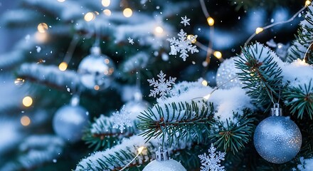 Festive Snow-Dusted Christmas Tree Branches with Silver Ornaments and Twinkling Lights for Holiday Celebration Decor