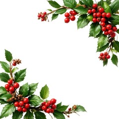 Festive corners with red berries and green leaves on a white background creating a holiday frame look
