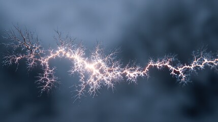 ionization. Frozen fractal lightning bolt displaying intricate electrical branching patterns, STEM education sheets, lab safety posters, designed for biotech research communications.