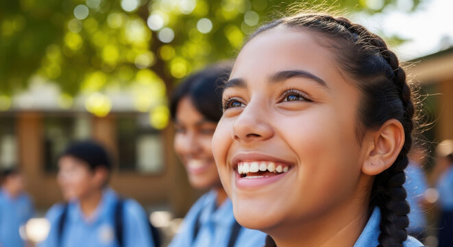 Closeup of joyful Hispanic teenage girl laughing with friends in a schoolyard.