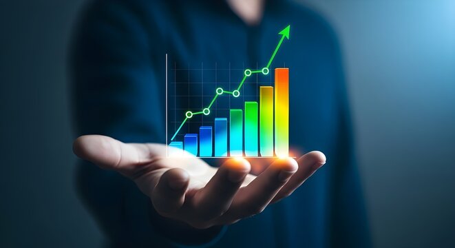 Hand holding a glowing upward trending bar chart and line graph representing financial growth and success
