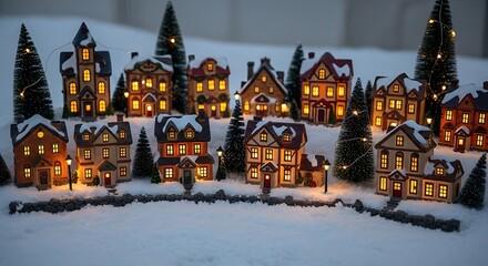 Festive Winter Village Scene with Illuminated Miniature Houses and Snow-Covered Landscape for Holiday Decoration or Seasonal Displays