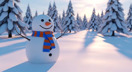 Joyful Snowman in a Serene Winter Landscape with Snow-Covered Pines at Sunset