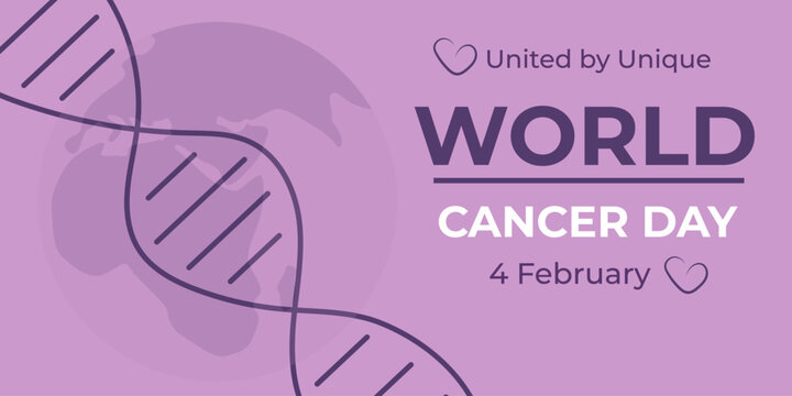 World Cancer Day.World Cancer Awareness Month.Vector illustration on the background of the earth and DNA molecules on a purple background