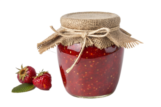 Professional real life product photography of a jar of homemade strawberry jam, rustic style