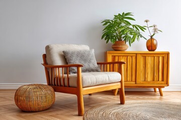 Cozy mid century modern living room corner with wooden furniture and natural accents