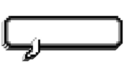 Retro Y2K pixel speech bubble in 8-bit style, bold white dialog box with pixelated cursor, retro cartoon balloon shape comment or message box for gaming designs, chat, digital messages graphic.