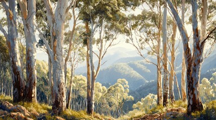 A dense Australian bush landscape, with tall eucalyptus trees and rugged terrain under the midday sun.