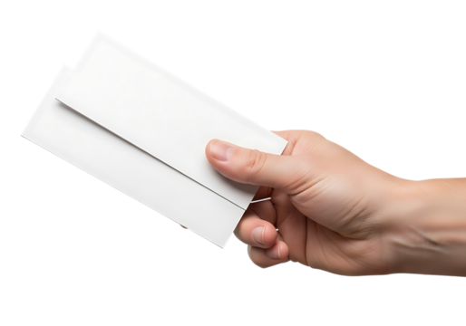 Hand holding two white envelopes with clean edges against a dark background isolated on a transparent background