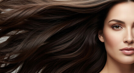 Obraz premium close-up portrait of a woman with long, healthy, shiny hair flowing in dynamic motion
