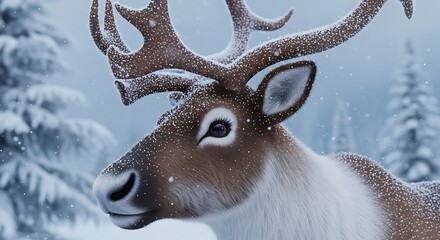 Magnificent Snow-Covered Deer with Large Antlers in Icy Forest Landscape for Winter Wildlife Photography and Nature Art