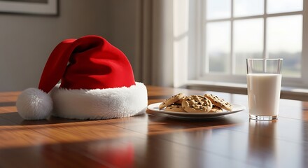 Festive Santa Hat with Cookies and Glass of Milk on a Wooden Table for Holiday Celebration and Christmas Greetings