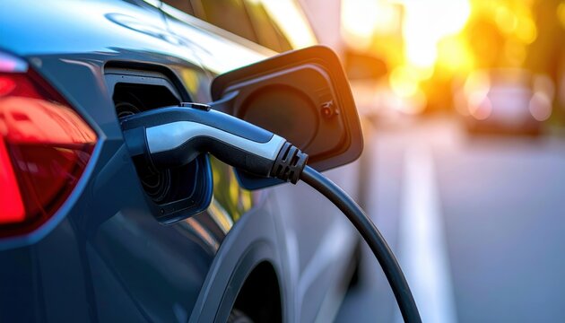 Close-up of an electric vehicle plugged in and charging during sunset, highlighting eco-friendly transportation and green technology.