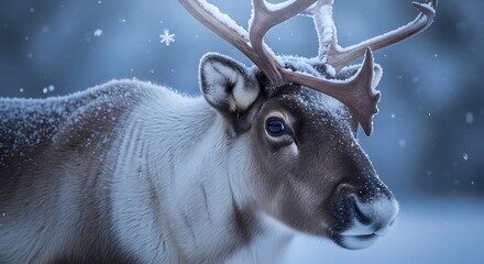 Majestic Reindeer in Snowy Forest with Antlers in Winter Wonderland