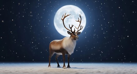 Majestic Reindeer Standing Under a Bright Full Moon in Snowy Night Scene, Ideal for Winter Holidays and Nature Themes