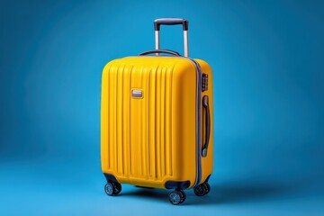 Bright yellow hardshell rolling suitcase stands out against a solid blue background
