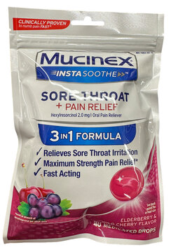 Pack of cough drops for sore throat relief by Mucinex.